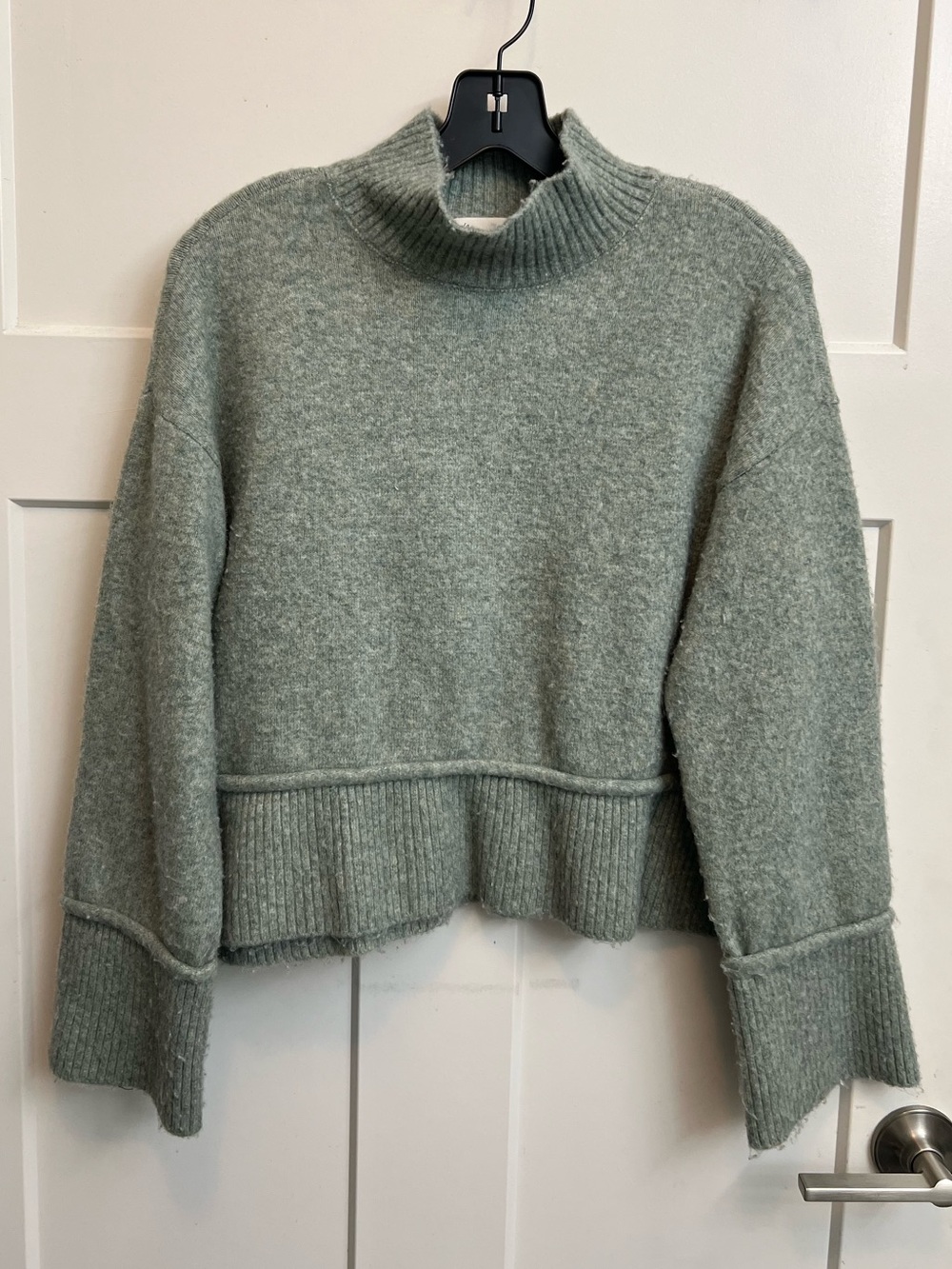 Marled Sage Green Mock Neck Sweater Boxy Dropped Shoulder Ribbed Knit Size M